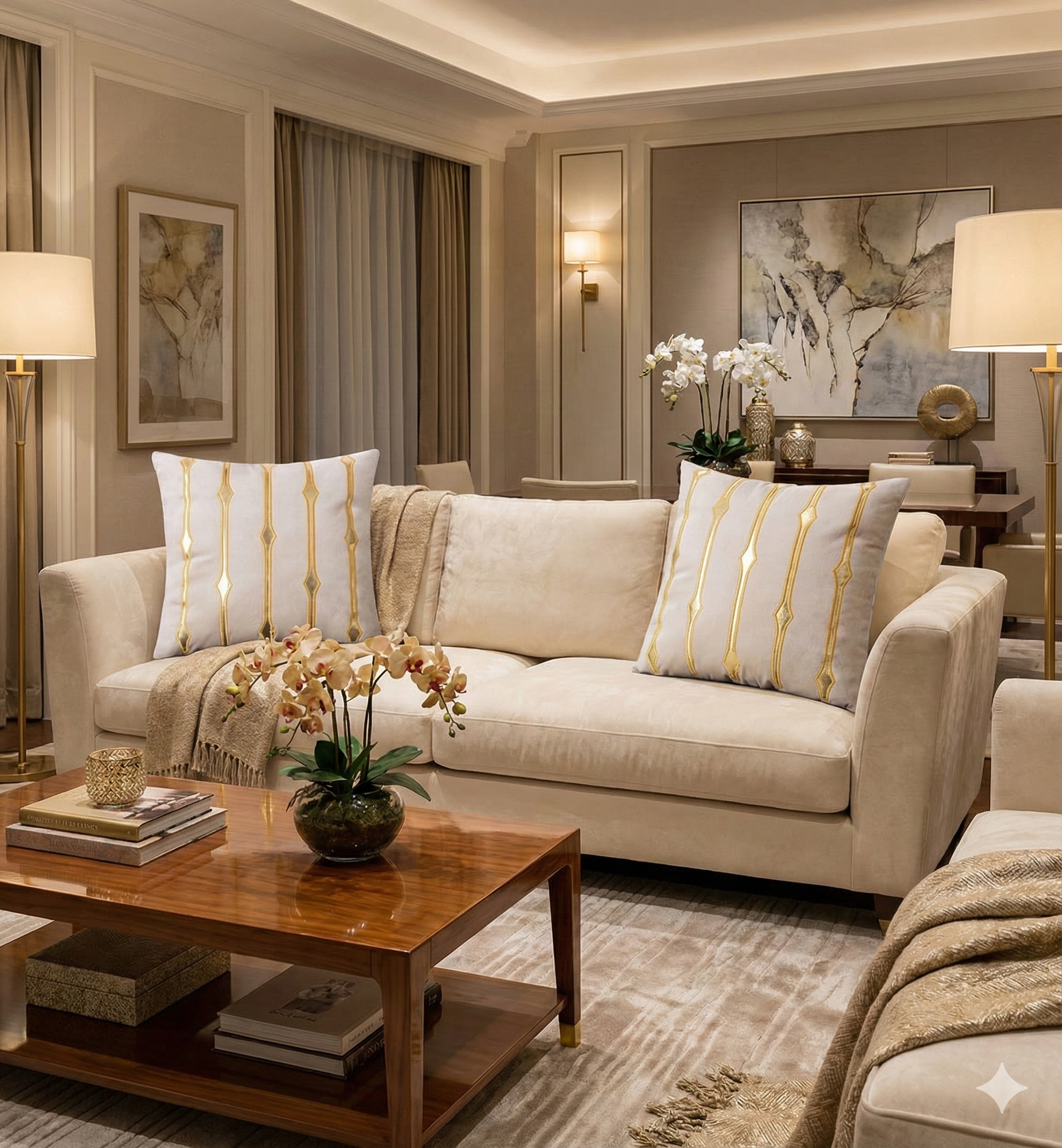 Soft grey velvet throw pillows with vertical gold stripes placed on a cream beige sofa in an elegant living room
