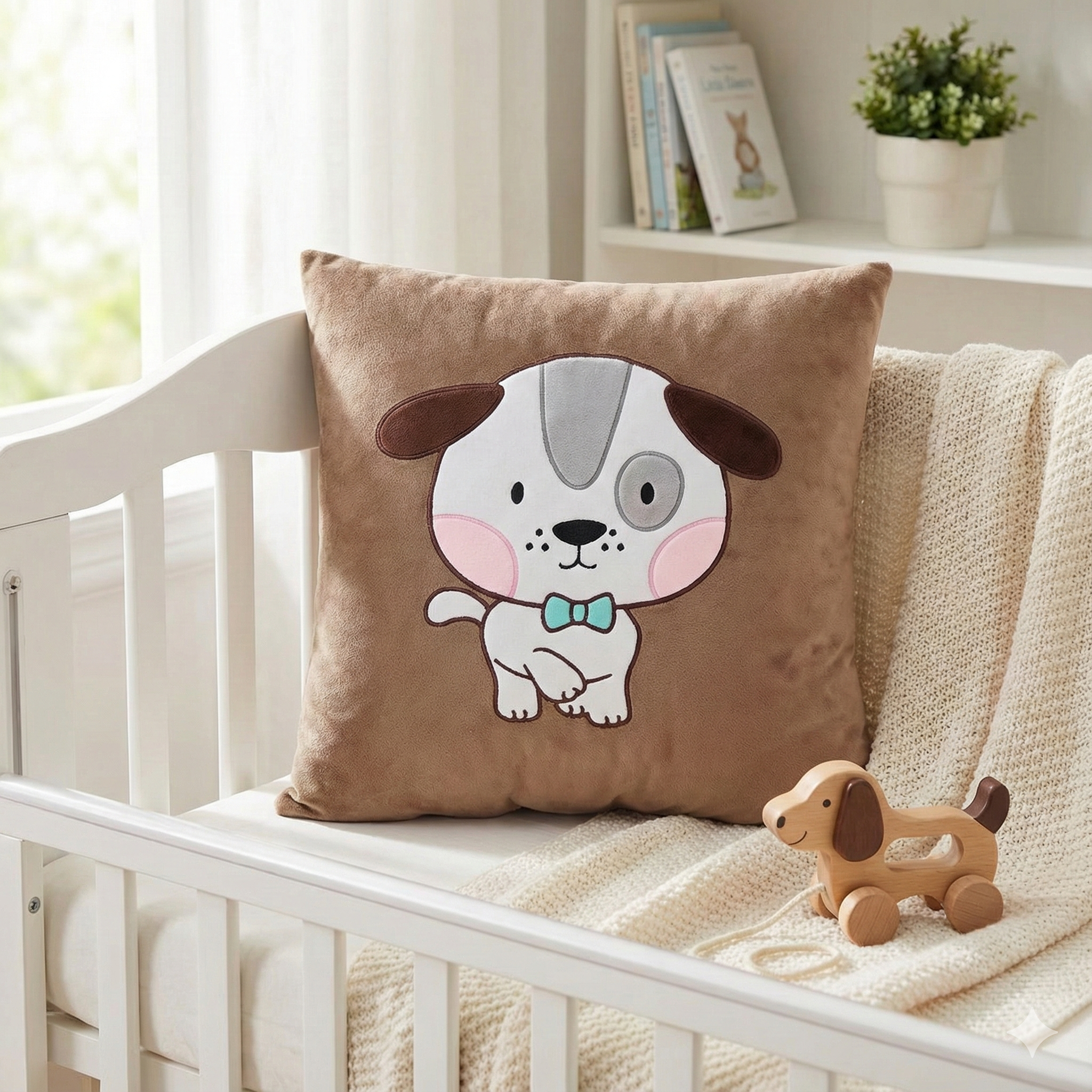 Cute puppy cushion cover placed inside a white wooden crib next to a cream knit blanket and a wooden pull-toy.
