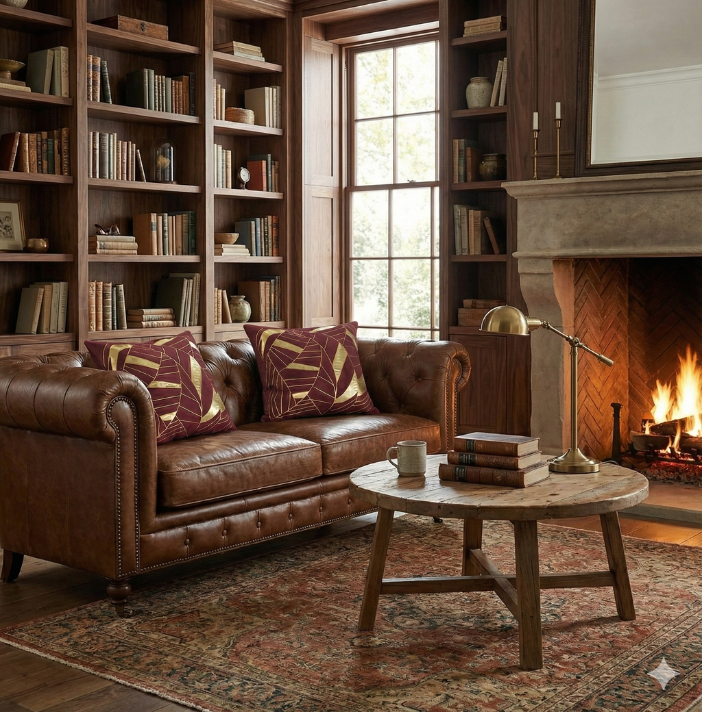Two Opulent Deco red velvet and gold geometric cushions styled on a brown leather Chesterfield sofa in a dark wood library with a lit fireplace.