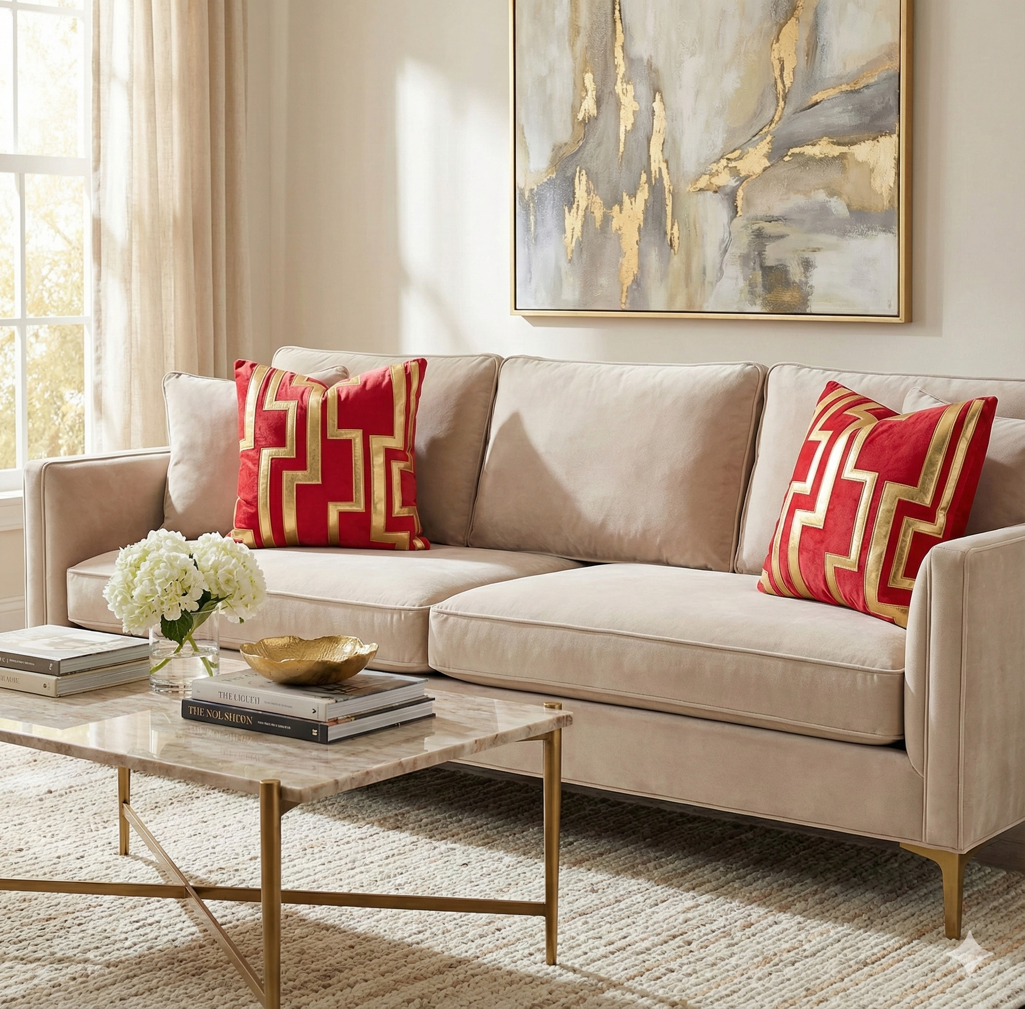 Two red velvet and gold maze pattern pillows styled on a beige sofa in a bright, modern living room.