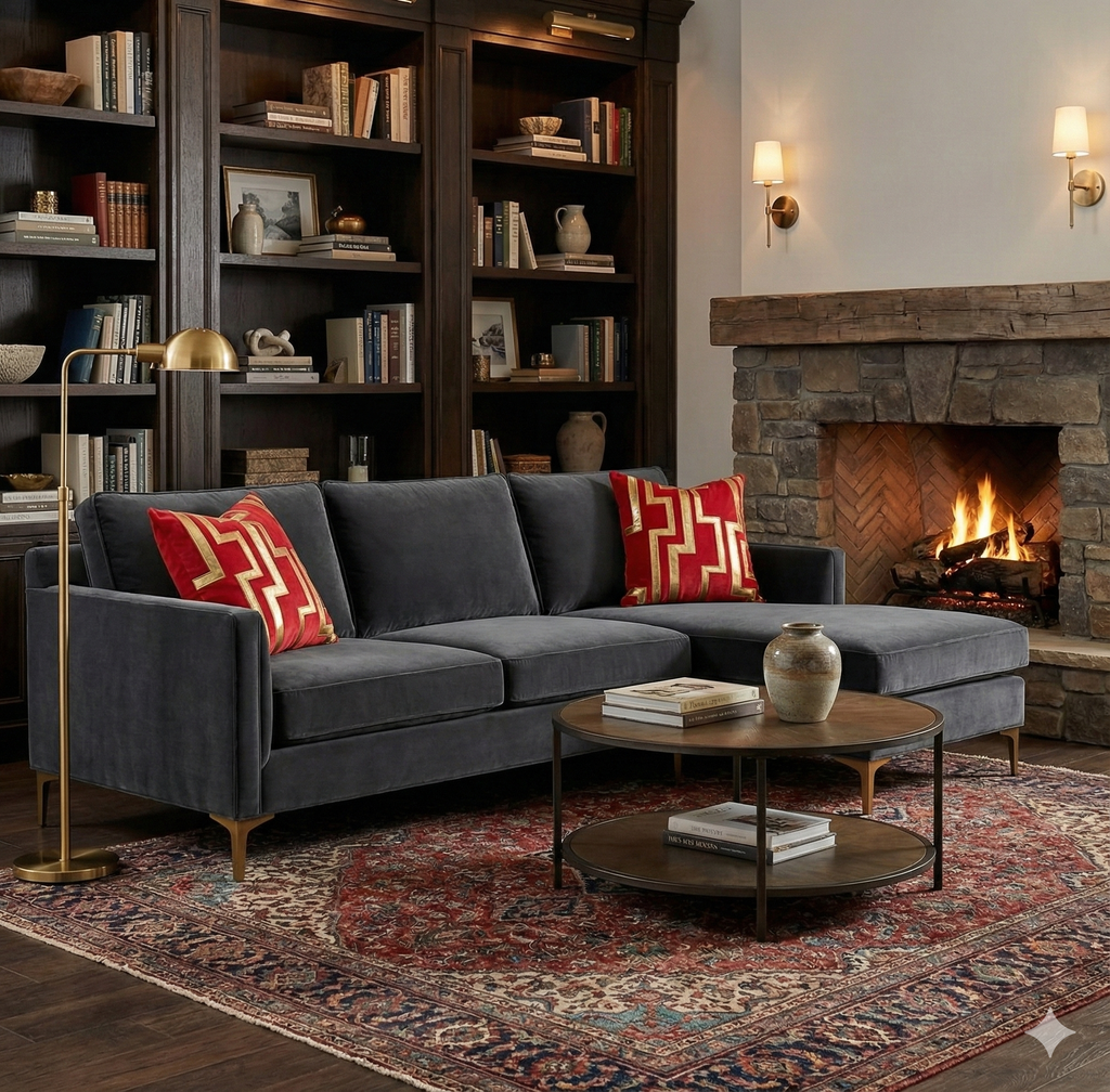 Red velvet cushions with gold geometric Greek key design placed on a dark grey velvet sectional sofa near a fireplace.