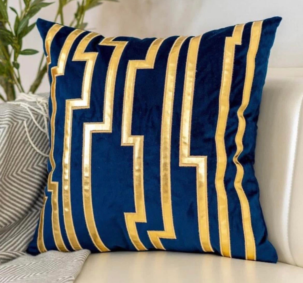 Front view of the Royal Labyrinth cushion cover in navy blue velvet with a metallic gold geometric maze pattern.