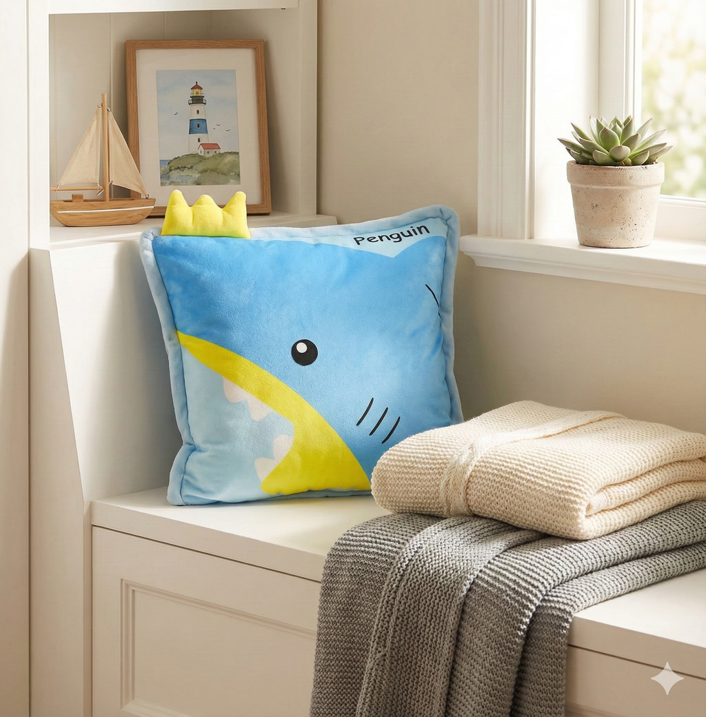King Shark plush pillow sitting on a white nursery window bench with knit blankets, a lighthouse picture, and a small plant