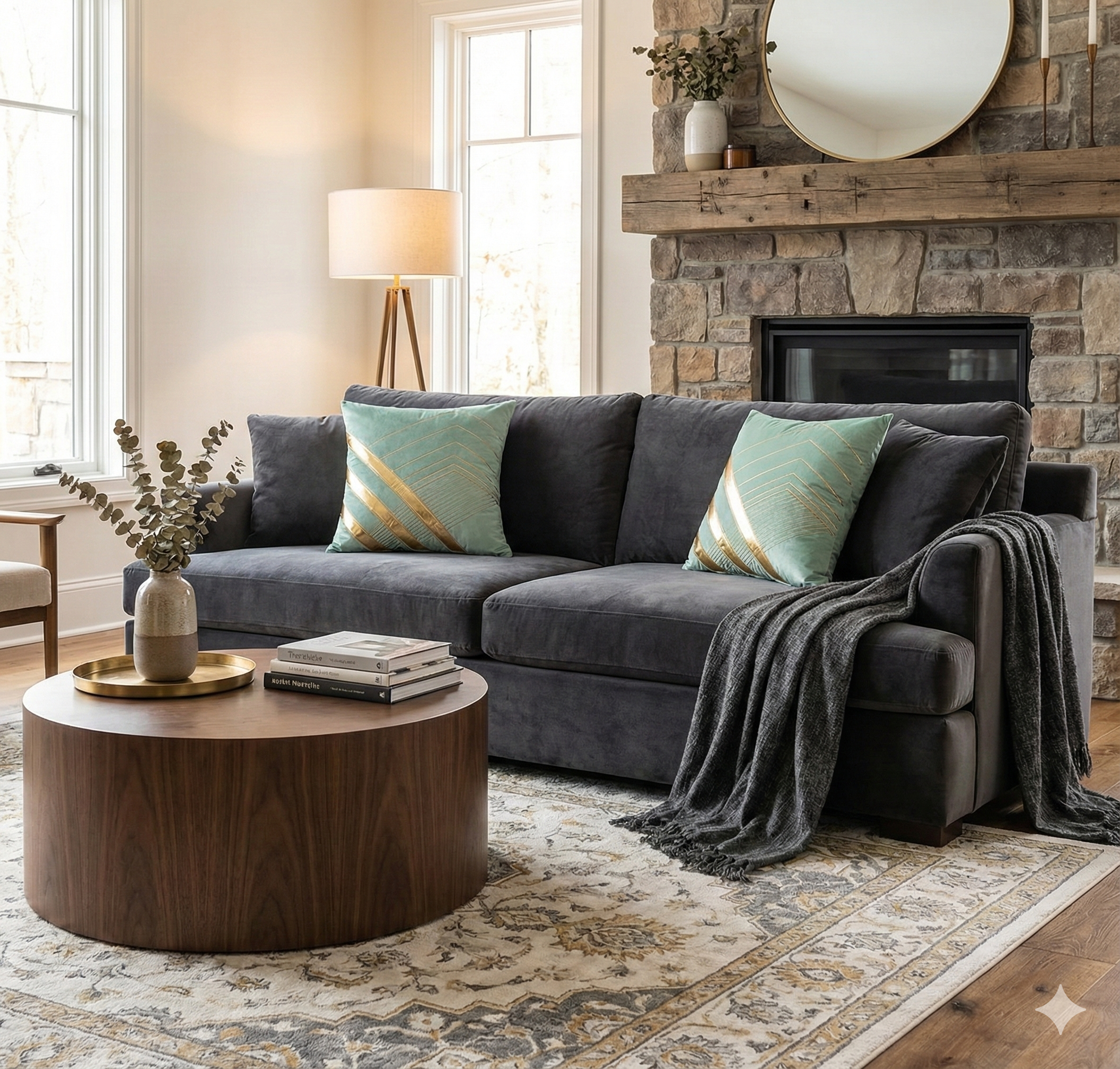 Soft teal velvet and gold geometric chevron pillows styled on a dark charcoal grey sofa in a modern living room.