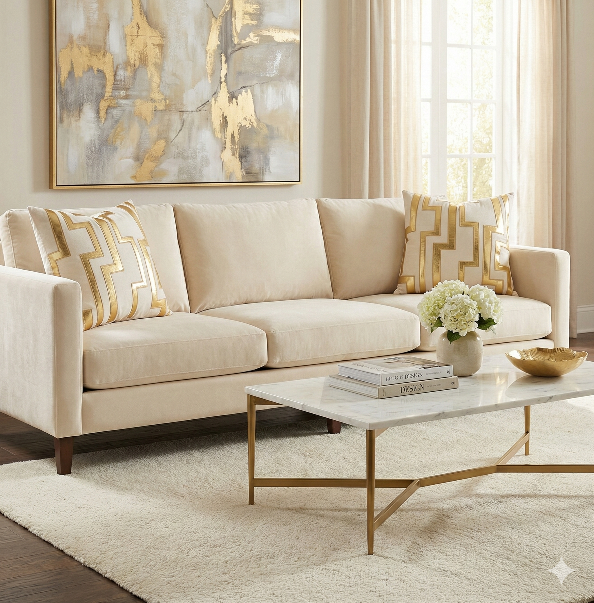 Two ivory velvet and gold maze pattern pillows styled on a cream beige sofa in a luxurious, bright living room.