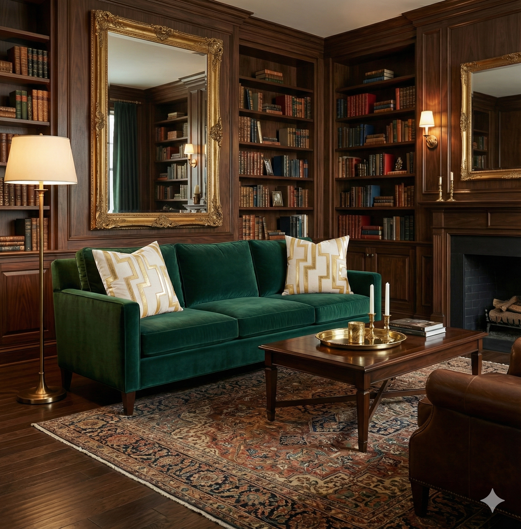 White velvet cushions with gold geometric Greek key design placing a high-contrast pop on a dark green velvet sofa in a library.
