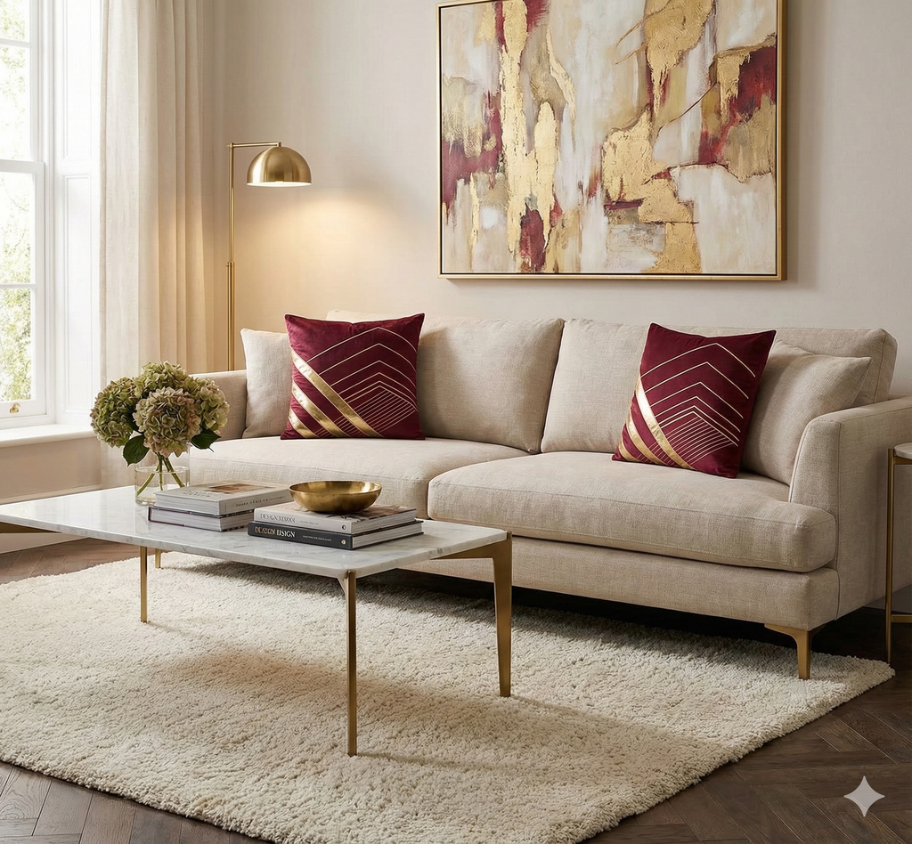 Deep red velvet throw pillows with gold art deco patterns placed on a modern cream sofa in a bright, elegant room.
